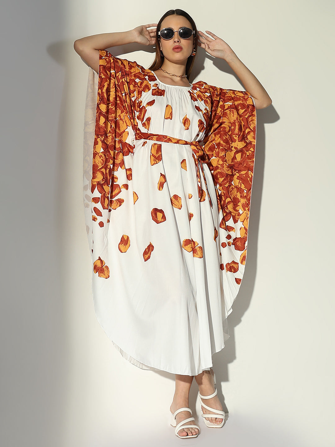 Women White Floral Kaftan Dress with Belt