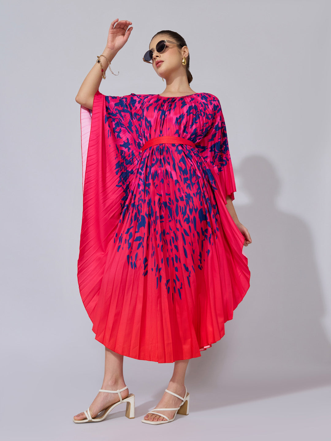 Women's Abstract Printed Pink Pleated Midi Kaftan Dress