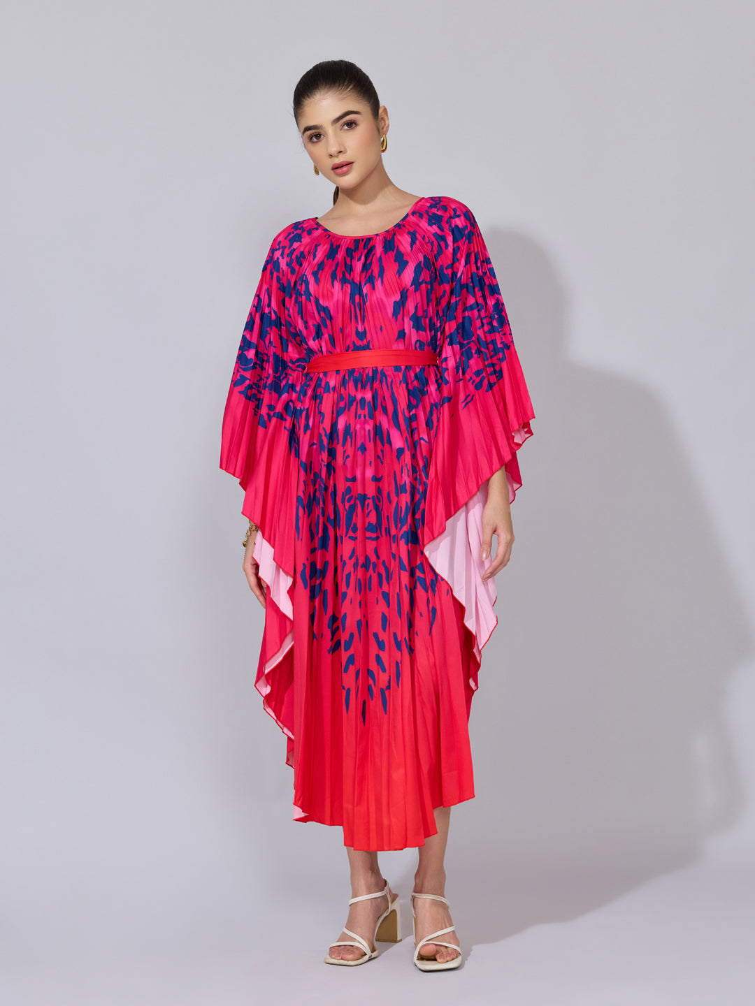 Women's Abstract Printed Pink Pleated Midi Kaftan Dress