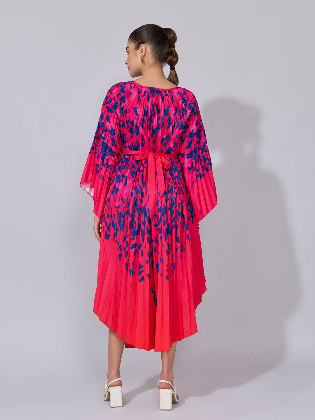 Women's Abstract Printed Pink Pleated Midi Kaftan Dress