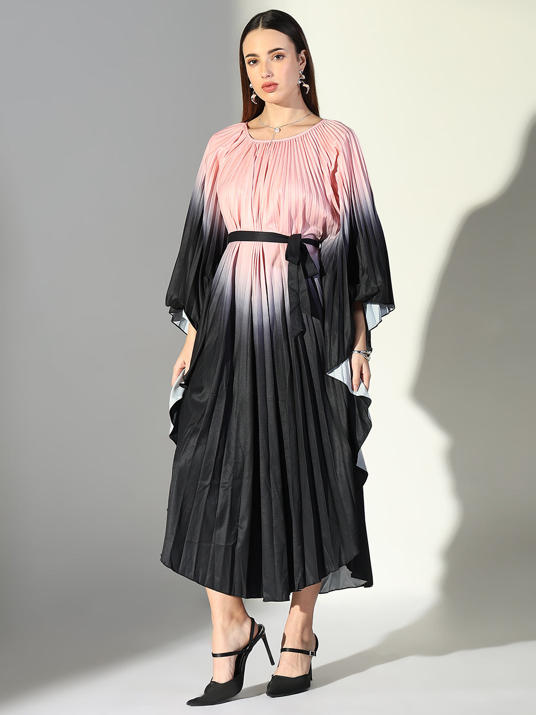 Women Pink Colourblocked Kaftan Dress with Belt