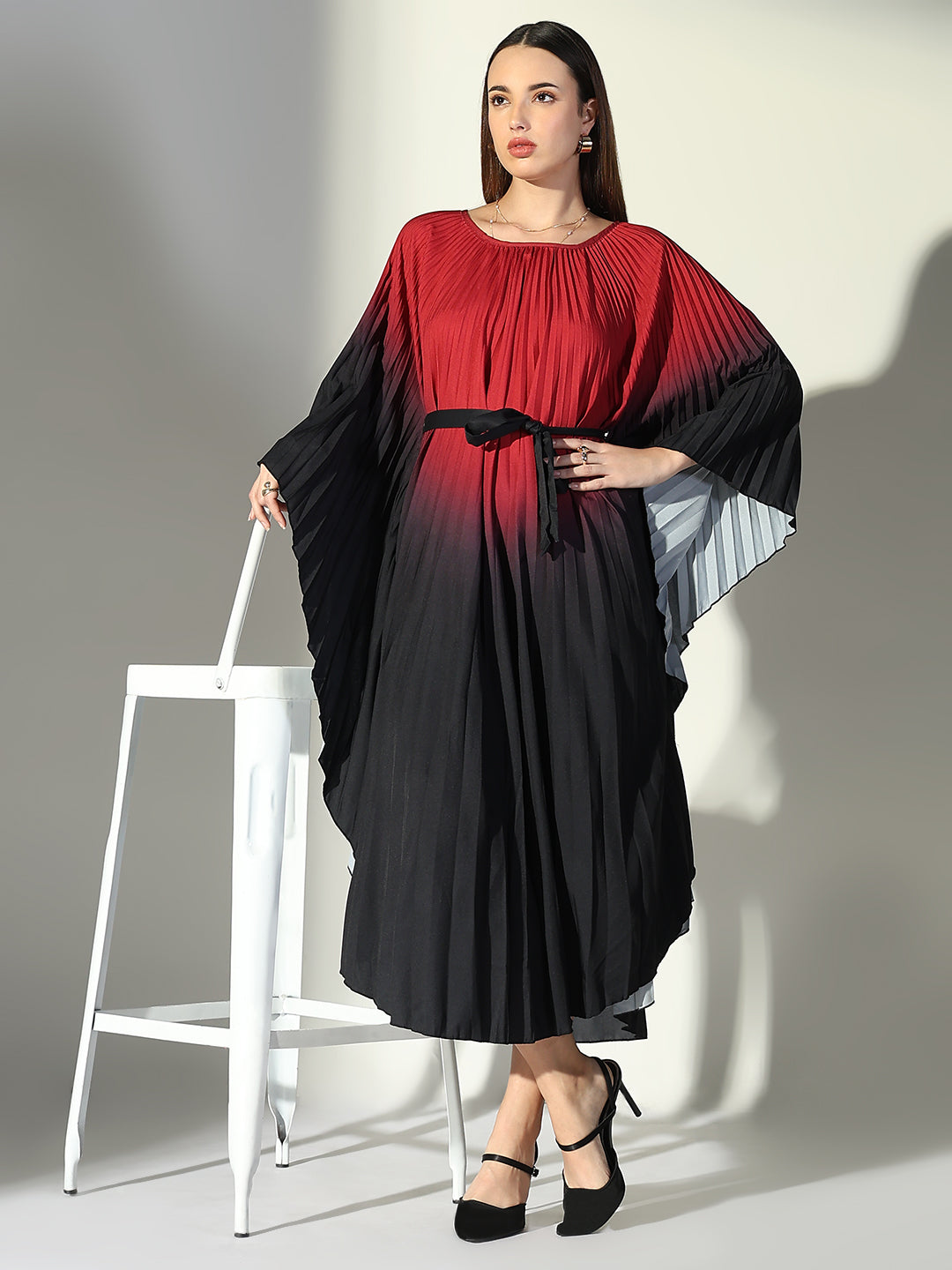 Women Red Colourblocked Kaftan Dress with Belt