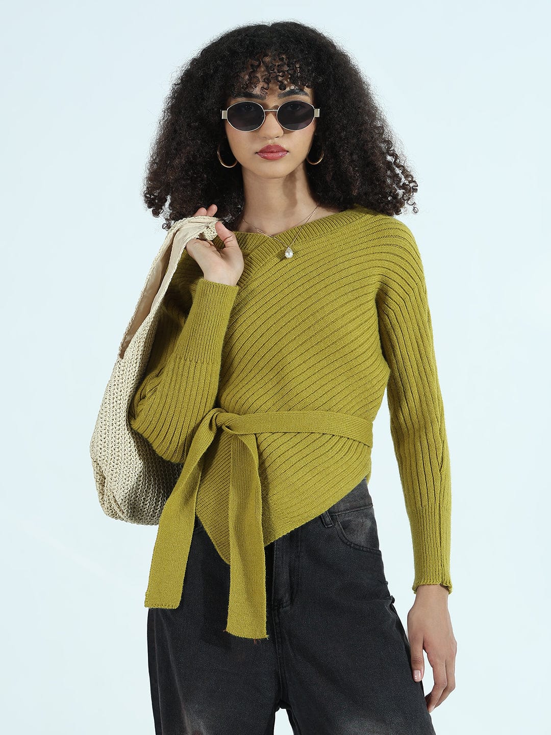 Women's Ribbed Green Asymmetric Top with Waist Tie-Up