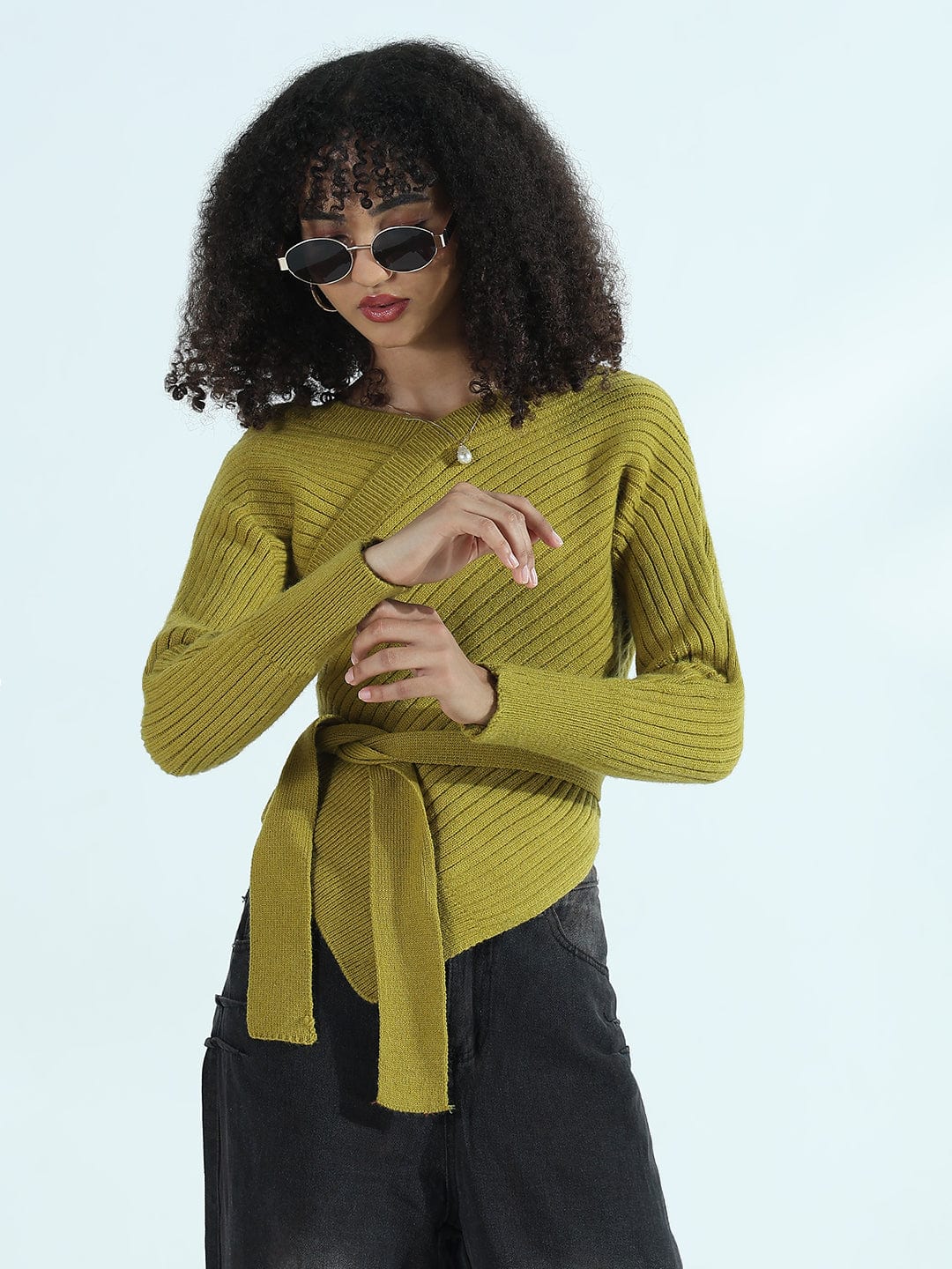 Women's Ribbed Green Asymmetric Top with Waist Tie-Up