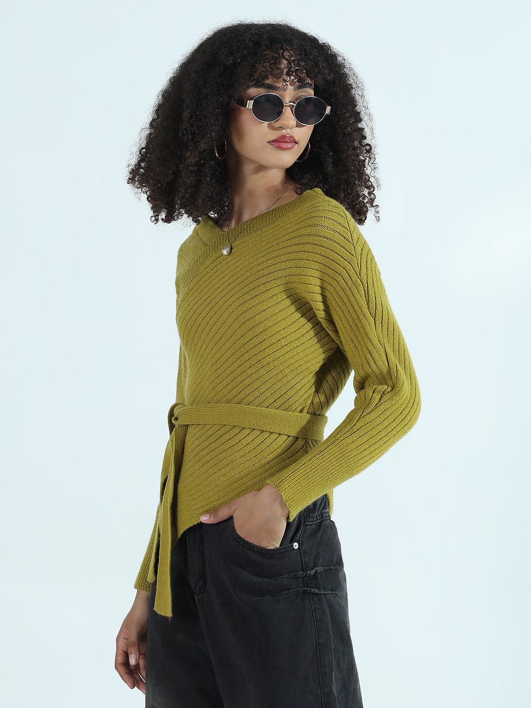 Women's Ribbed Green Asymmetric Top with Waist Tie-Up