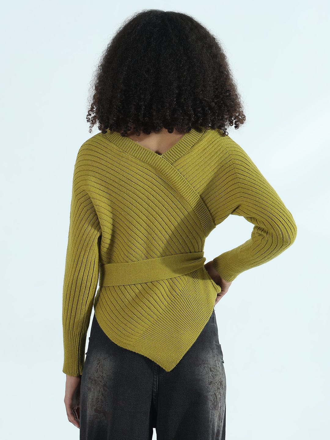 Women's Ribbed Green Asymmetric Top with Waist Tie-Up