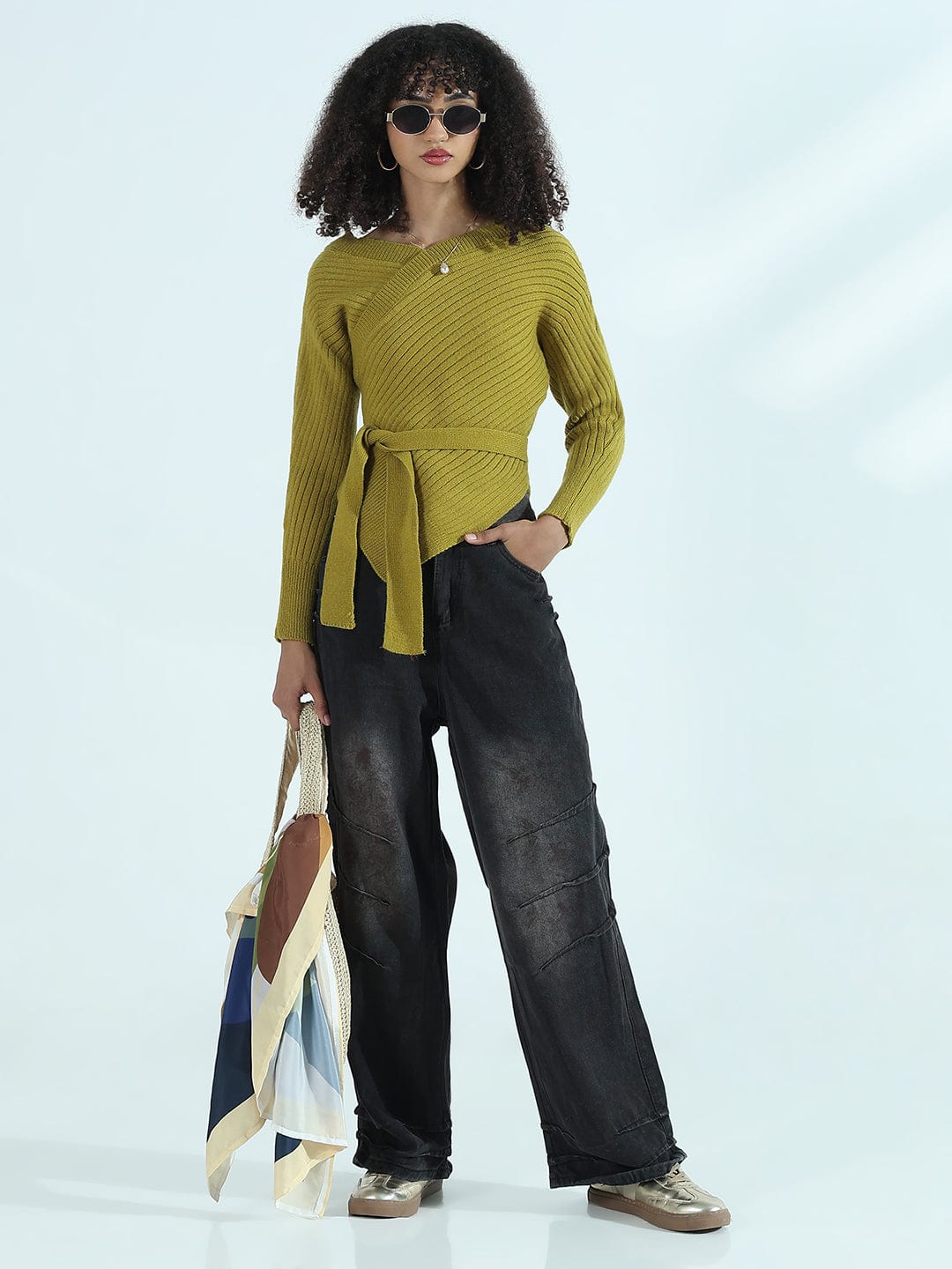 Women's Ribbed Green Asymmetric Top with Waist Tie-Up