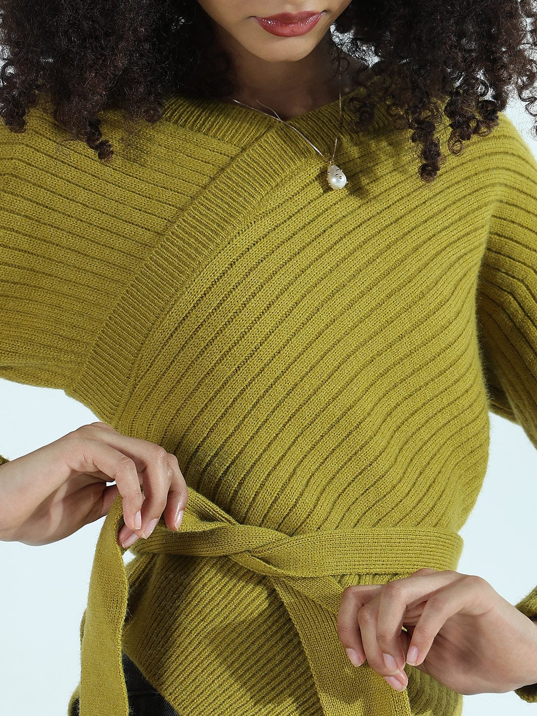 Women's Ribbed Green Asymmetric Top with Waist Tie-Up