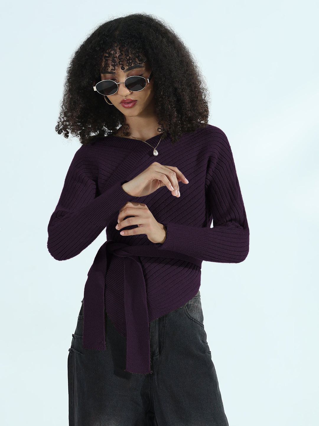 Women's Ribbed Purple Asymmetric Top with Waist Tie-Up