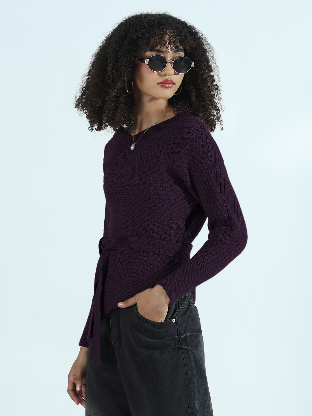 Women's Ribbed Purple Asymmetric Top with Waist Tie-Up