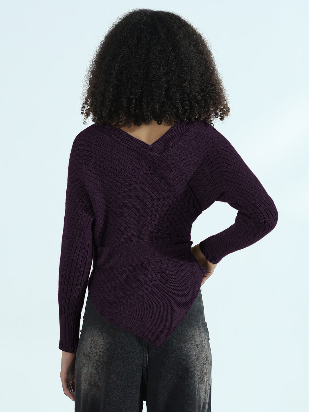 Women's Ribbed Purple Asymmetric Top with Waist Tie-Up