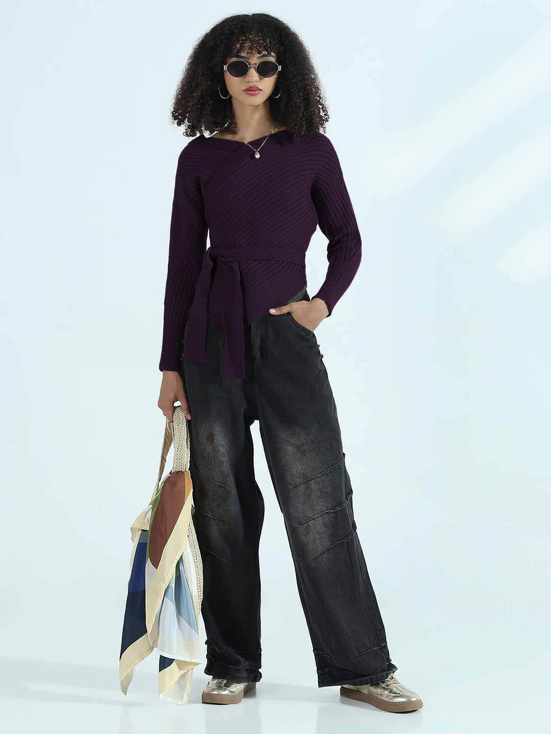 Women's Ribbed Purple Asymmetric Top with Waist Tie-Up