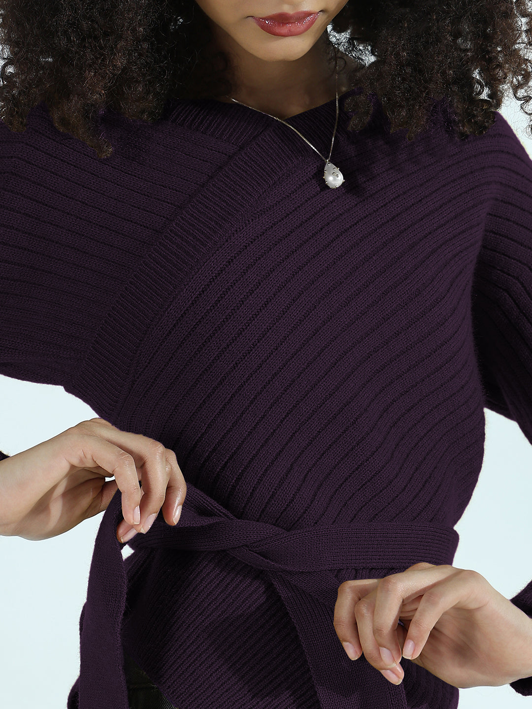 Women's Ribbed Purple Asymmetric Top with Waist Tie-Up