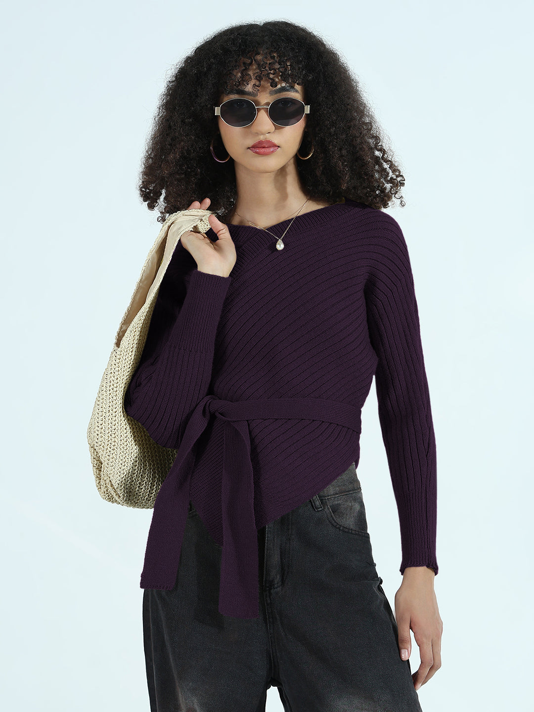 Women's Ribbed Purple Asymmetric Top with Waist Tie-Up