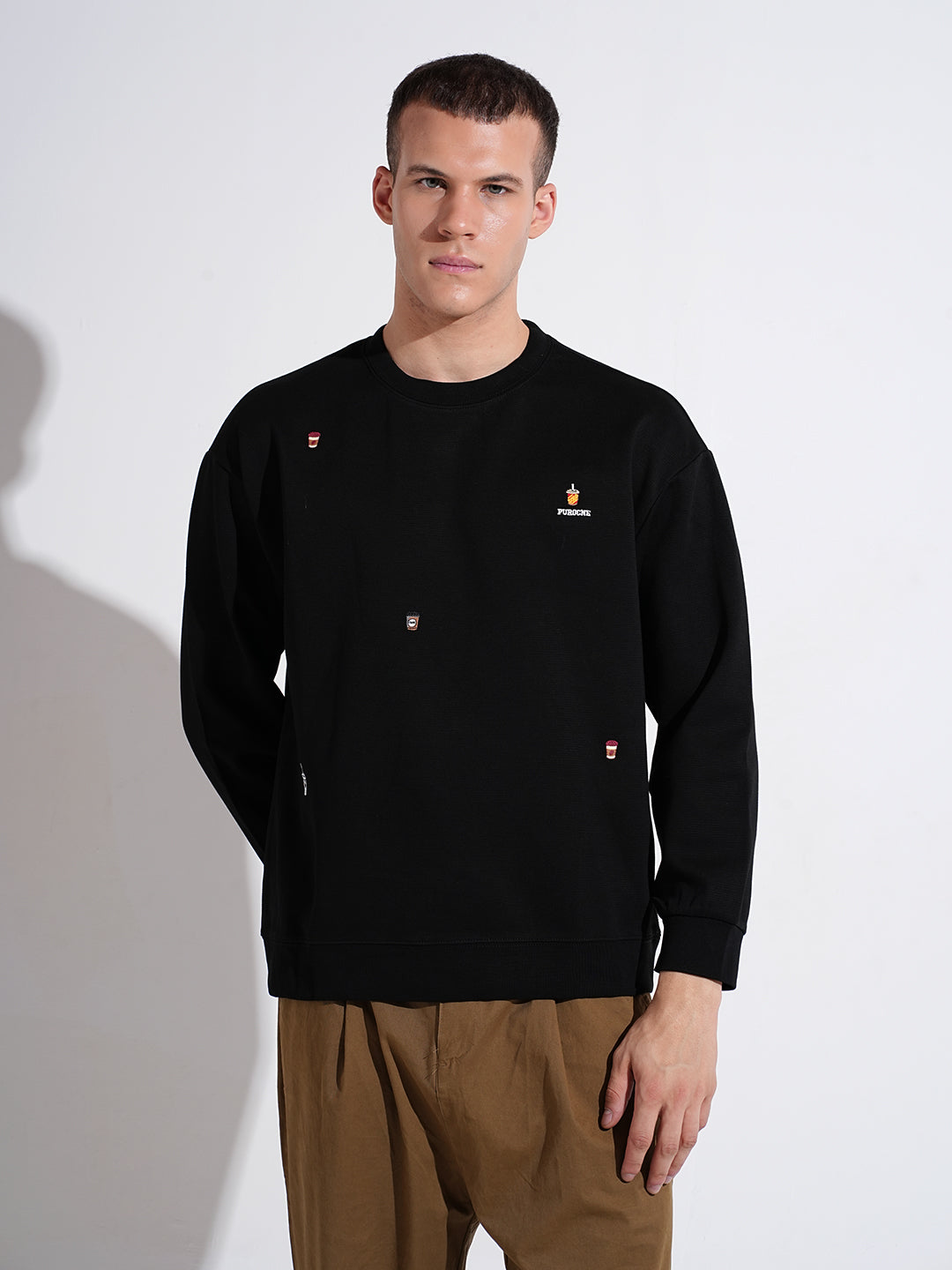 Men's Patch work Black Round Neck Ribbed Regular Fit Sweatshirt