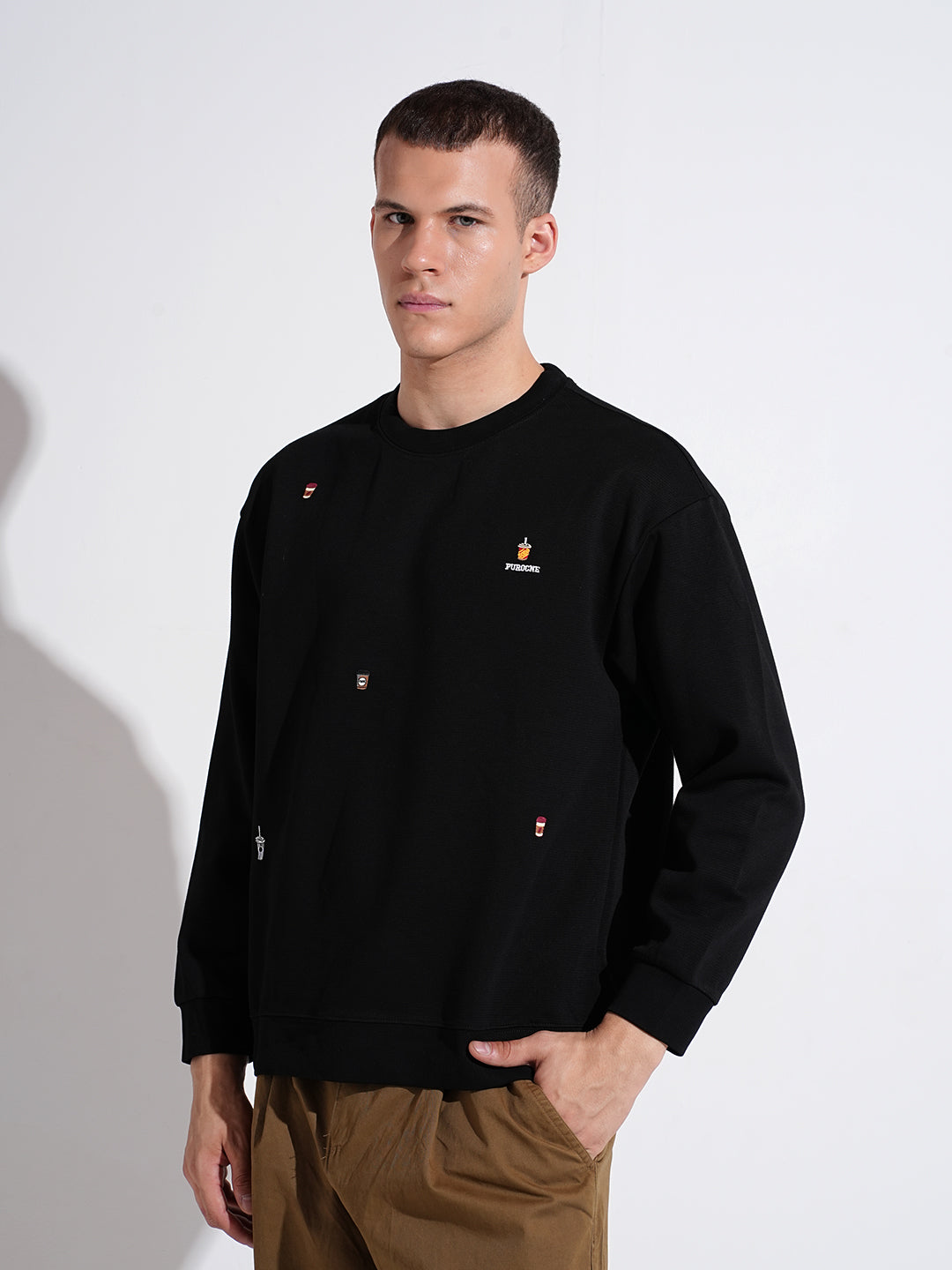 Men's Patch work Black Round Neck Ribbed Regular Fit Sweatshirt