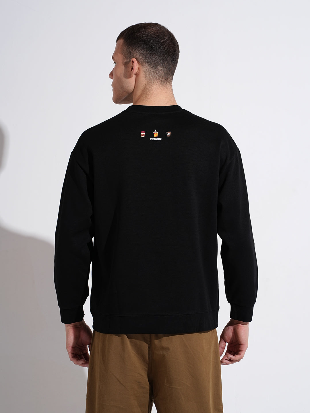 Men's Patch work Black Round Neck Ribbed Regular Fit Sweatshirt