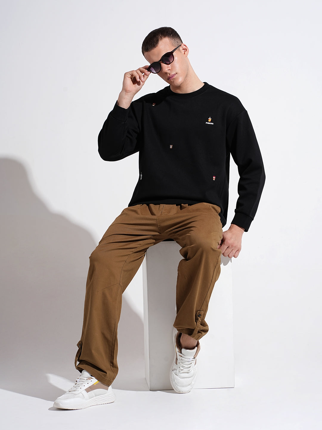 Men's Patch work Black Round Neck Ribbed Regular Fit Sweatshirt
