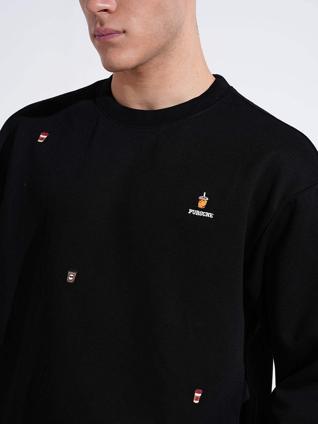 Men's Patch work Black Round Neck Ribbed Regular Fit Sweatshirt