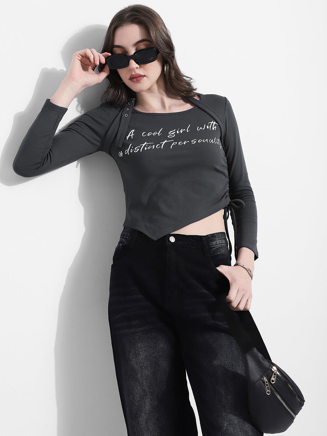 Women's Typography Grey Asymmetrical Hem Crop Top with Side Tie Up