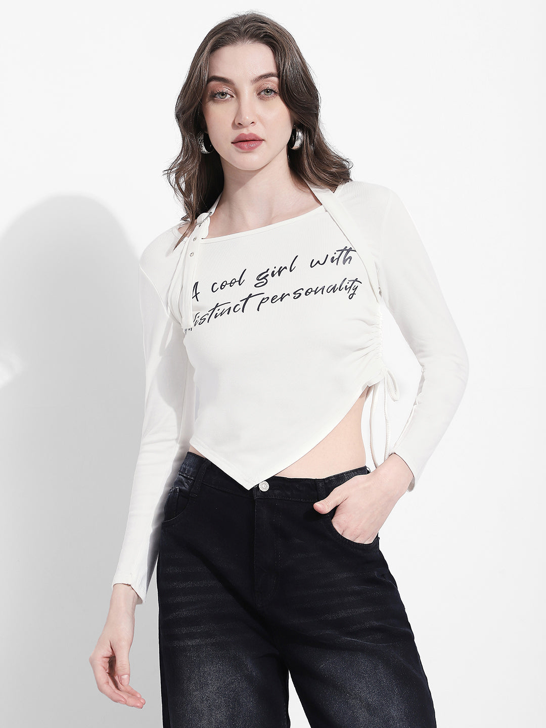 Women's Typography White Asymmetrical Hem Crop Top with Side Tie Up