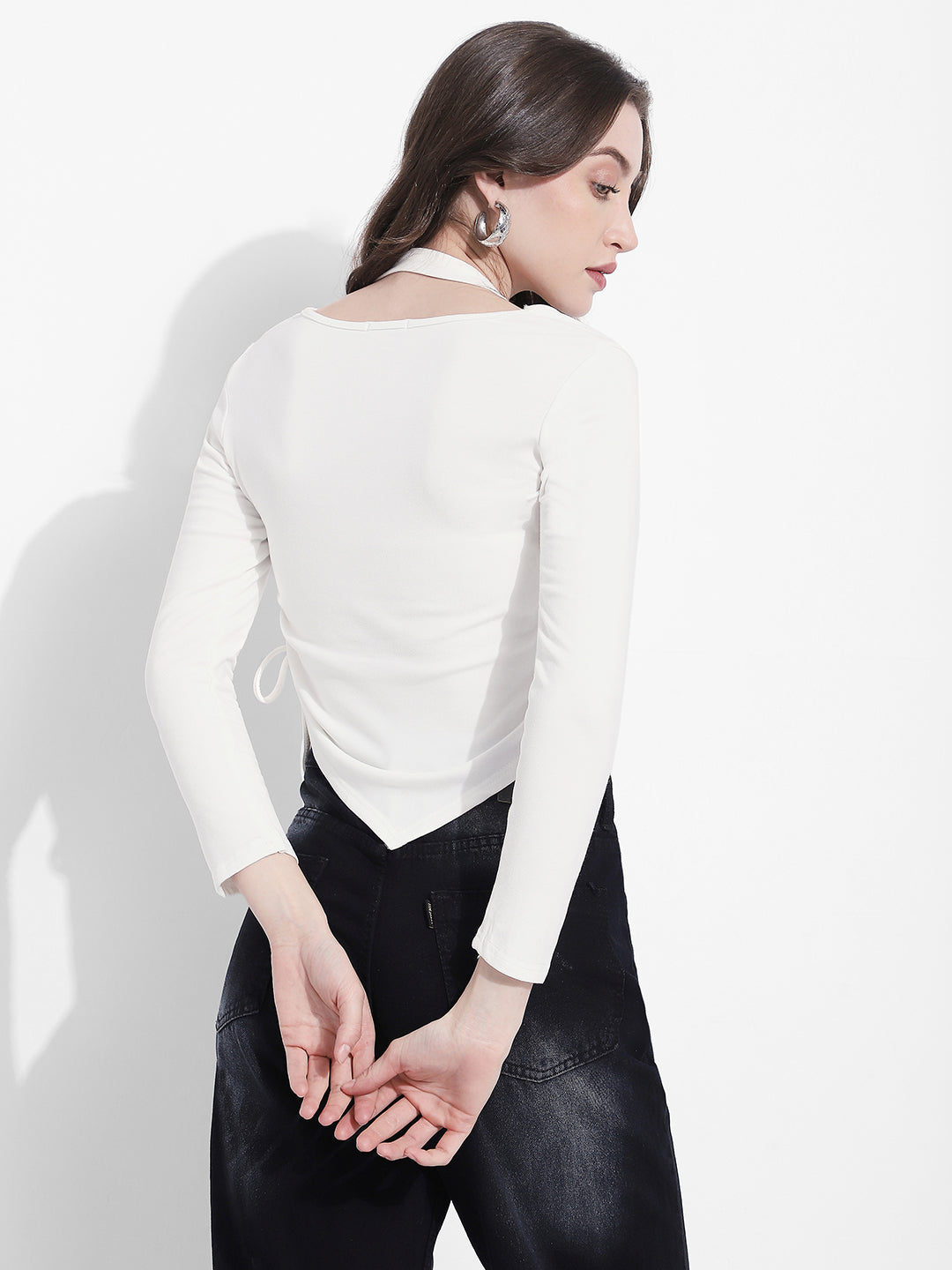 Women's Typography White Asymmetrical Hem Crop Top with Side Tie Up