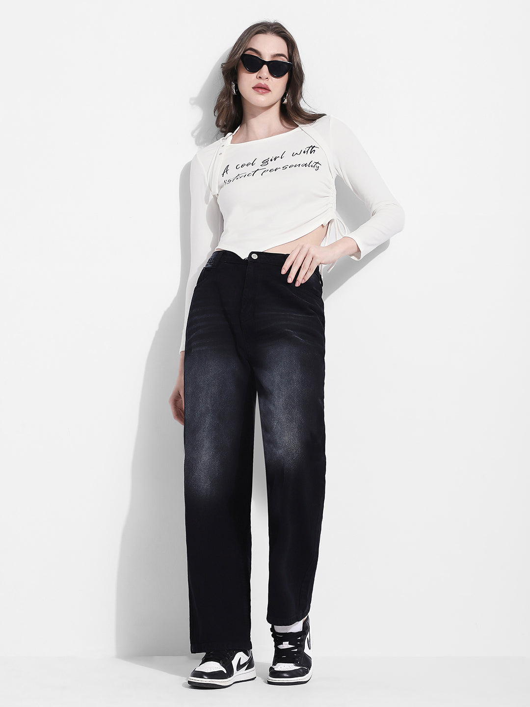 Women's Typography White Asymmetrical Hem Crop Top with Side Tie Up