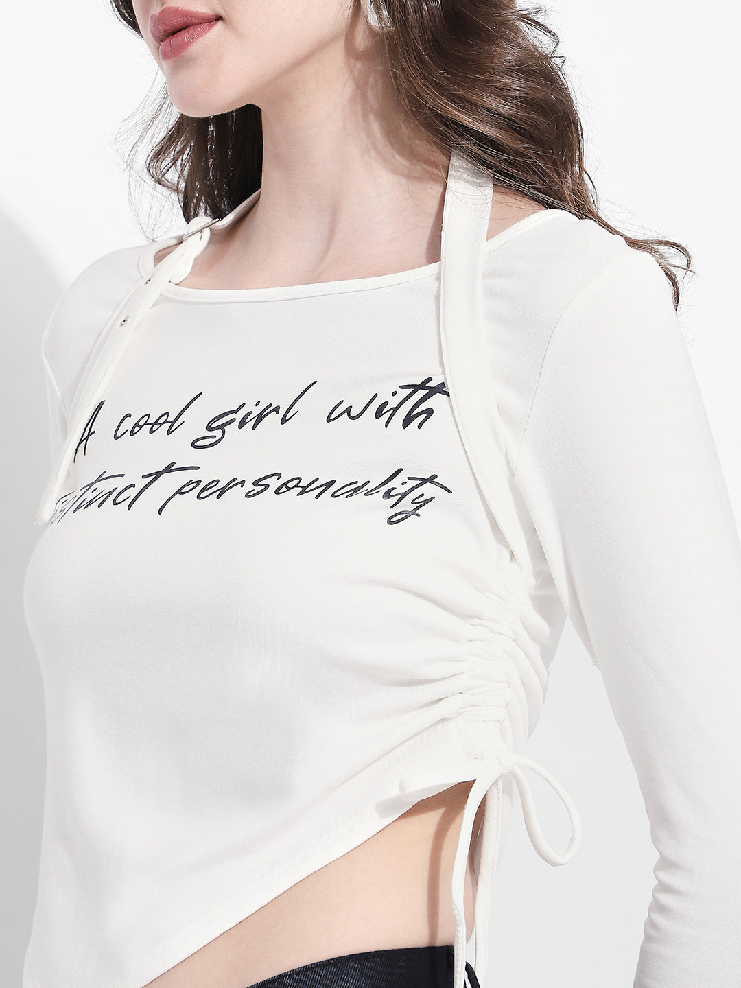 Women's Typography White Asymmetrical Hem Crop Top with Side Tie Up