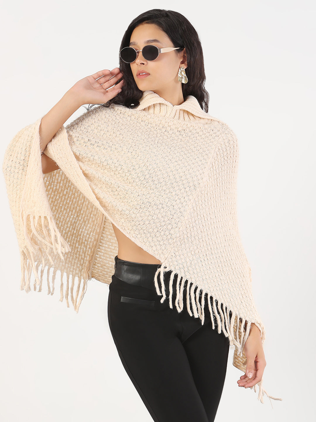 Women Turtle Neck Solid Cream Poncho