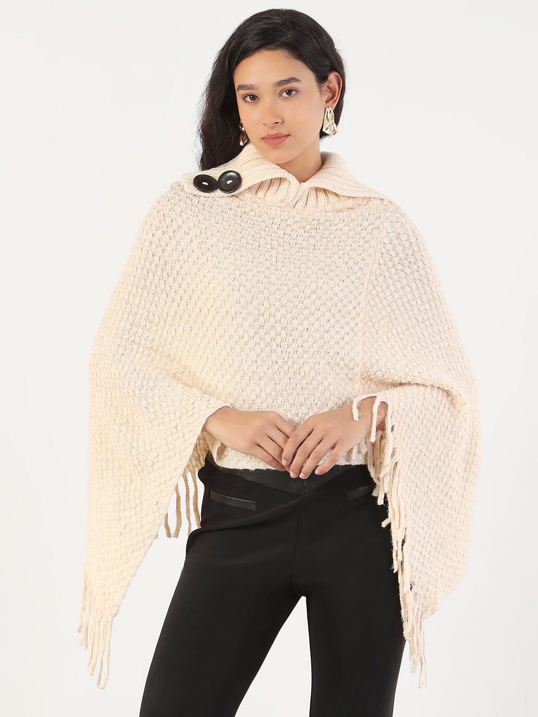 Women Turtle Neck Solid Cream Poncho