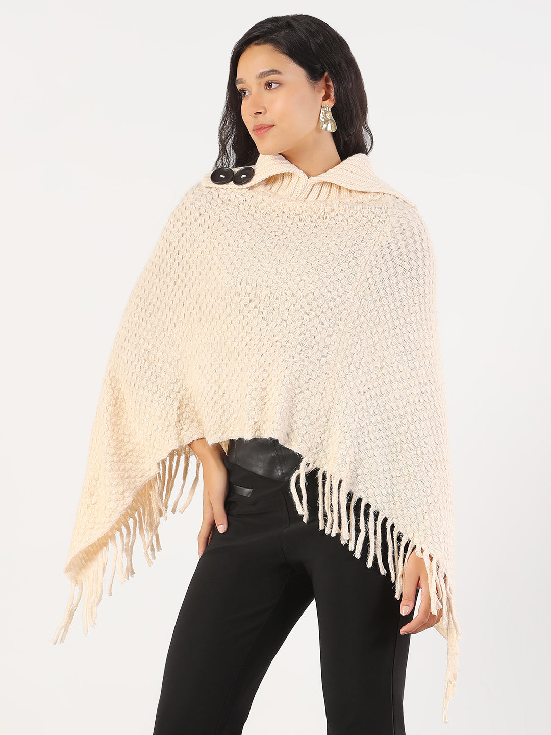 Women Turtle Neck Solid Cream Poncho