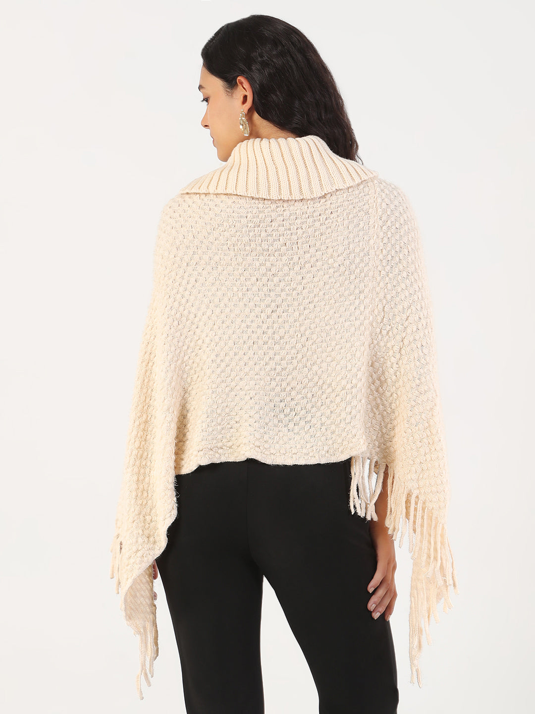 Women Turtle Neck Solid Cream Poncho