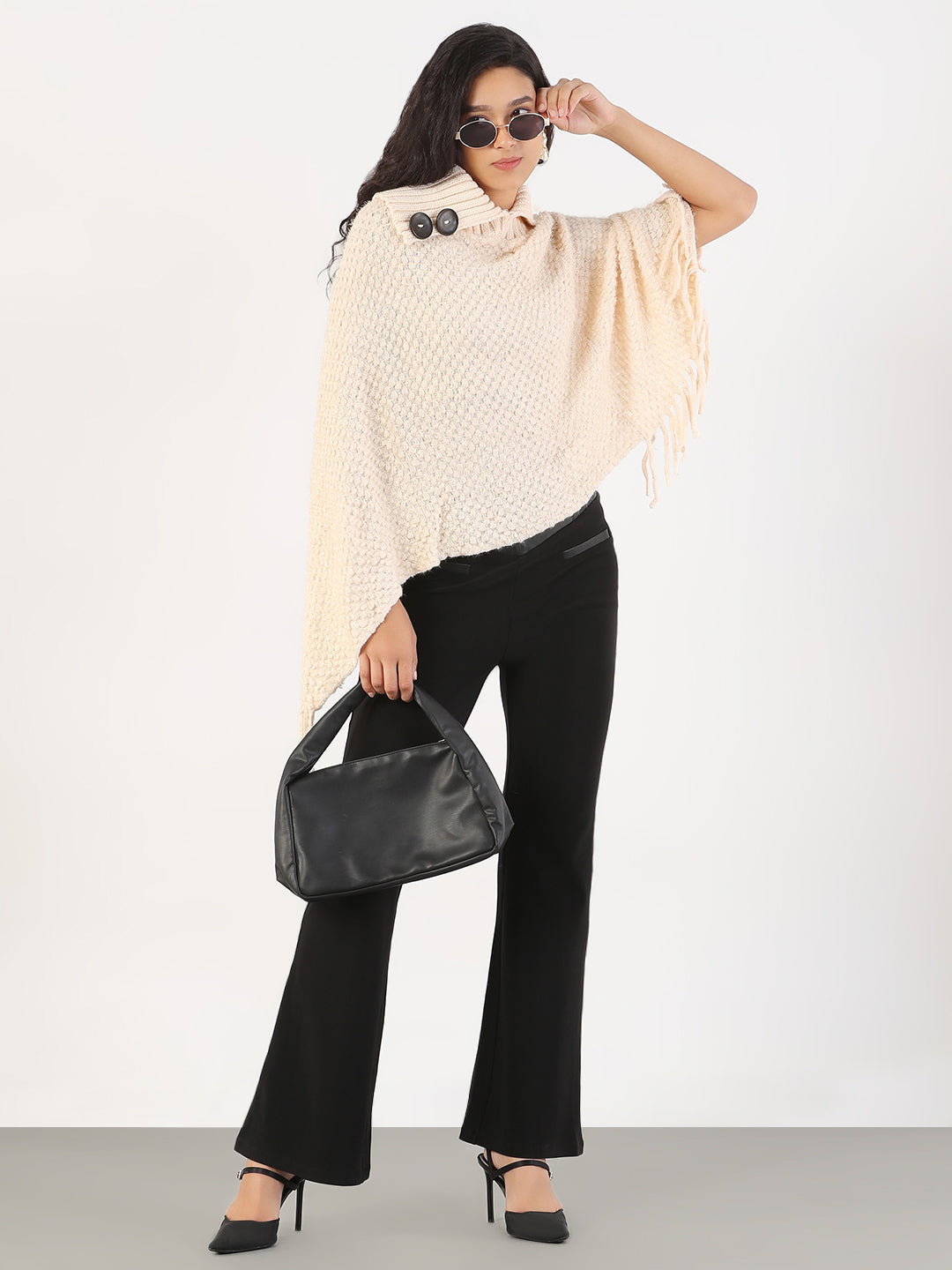 Women Turtle Neck Solid Cream Poncho