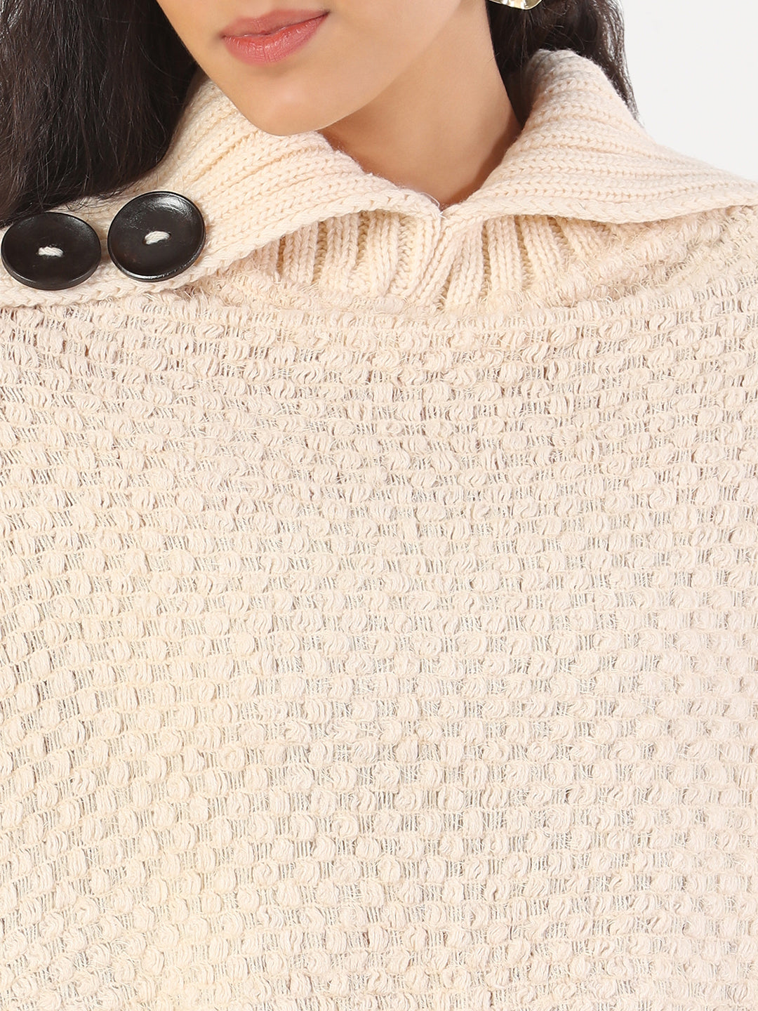 Women Turtle Neck Solid Cream Poncho