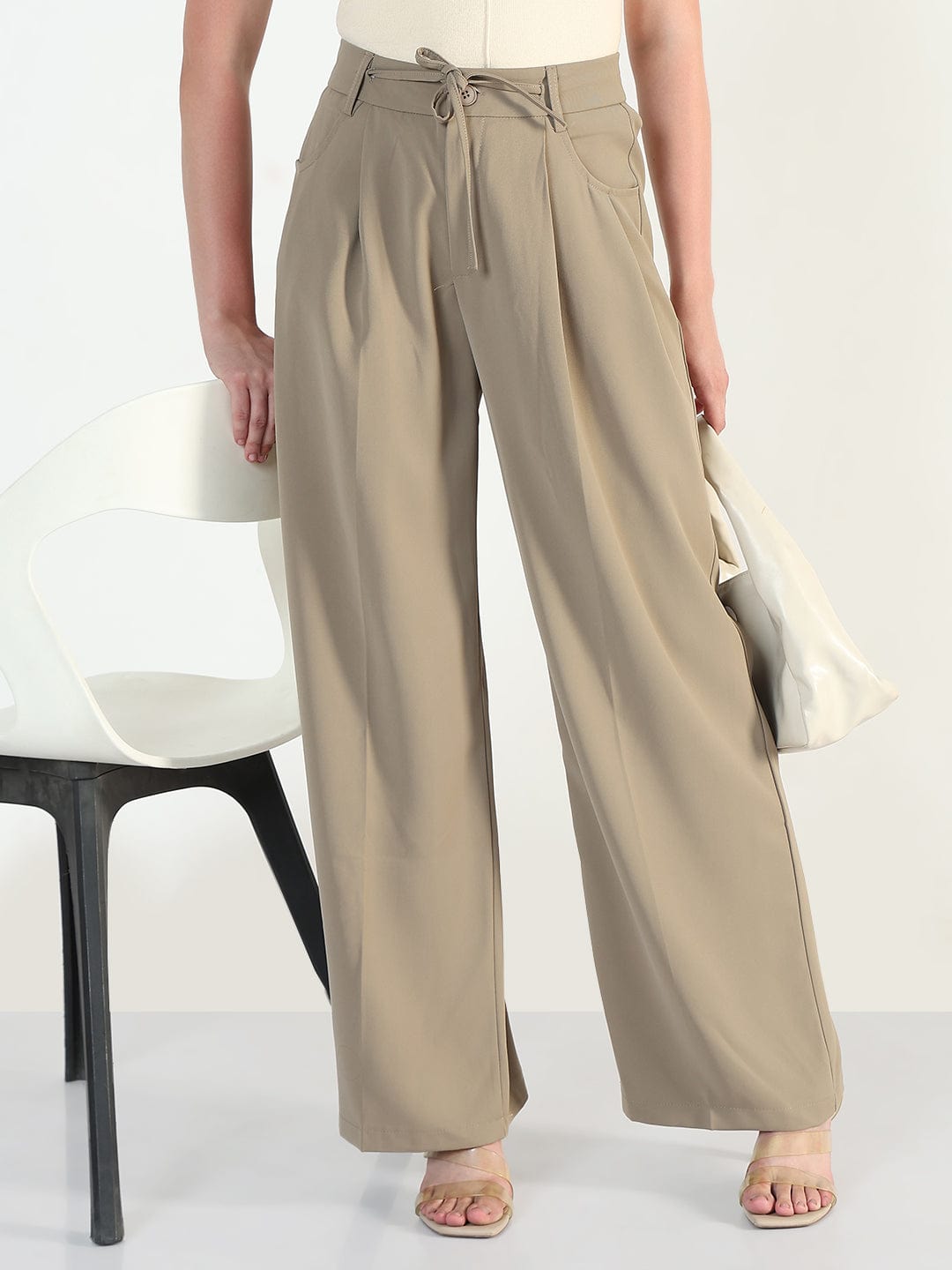 Women's Beige Relaxed Fit Trousers