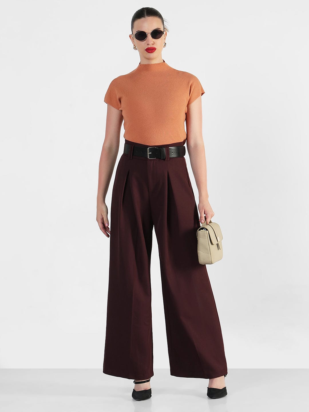 Women's Burgundy Loose Fit Trousers with Belt