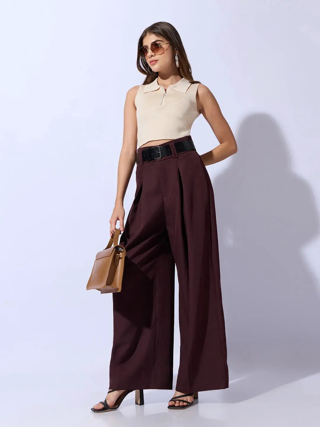 Women's Burgundy Loose Fit Trousers with Belt - Uncategorized from SHOWOFFFF