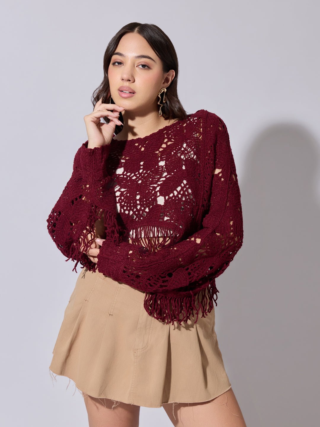 Women's Maroon Crochet Crop Top with Fringe Hem