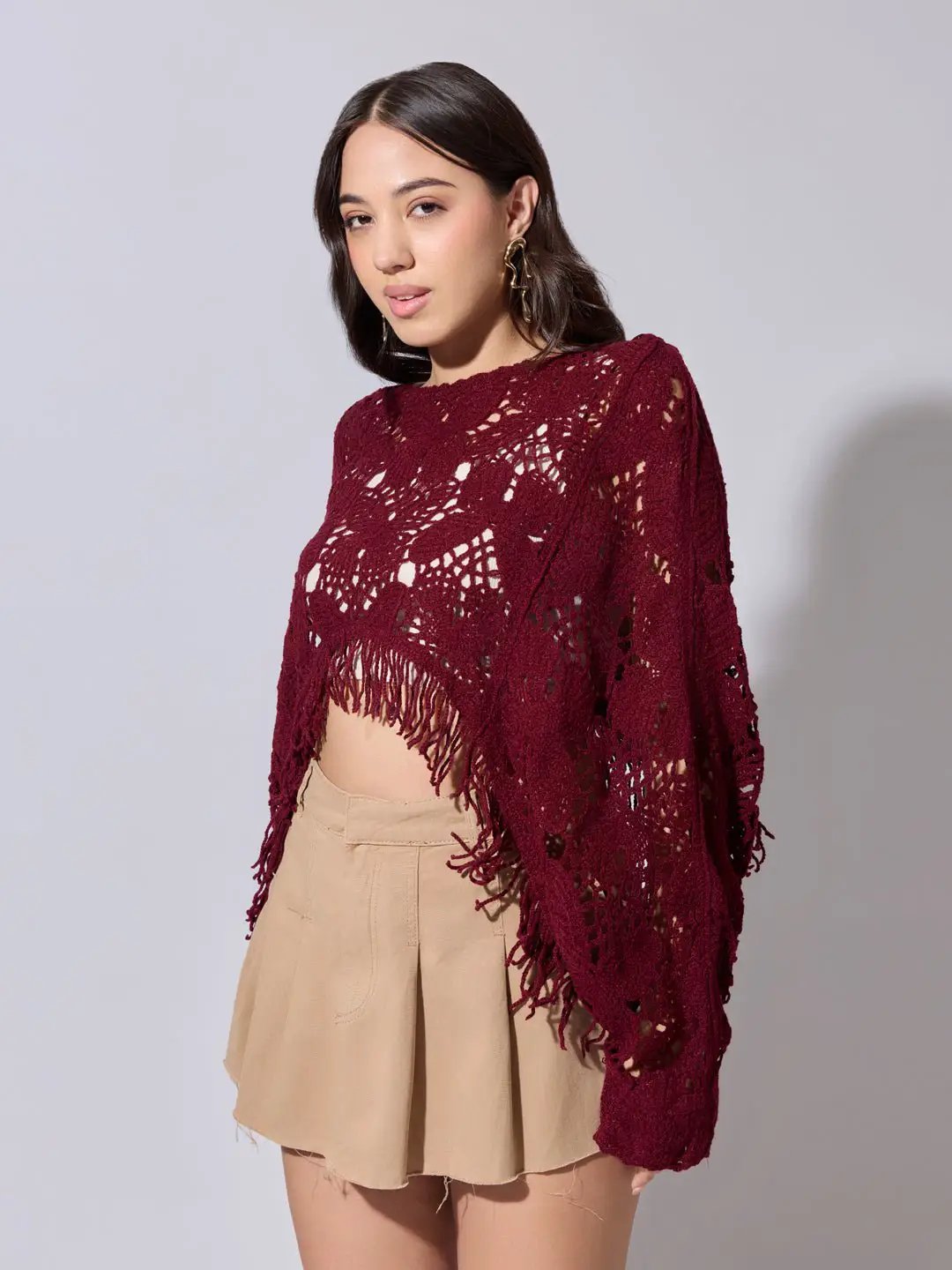 Women's Maroon Crochet Crop Top with Fringe Hem - from SHOWOFFFF