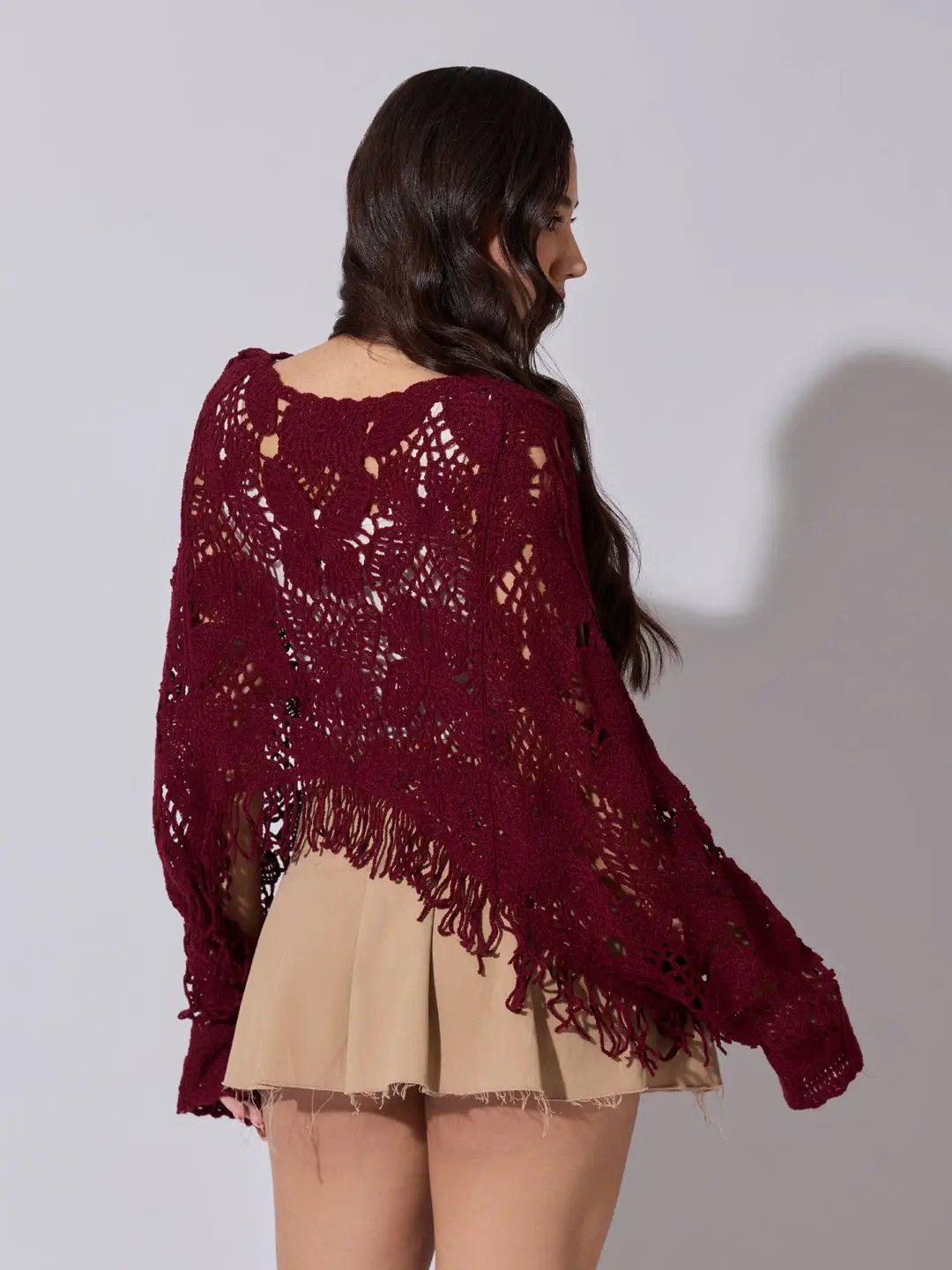 Women's Maroon Crochet Crop Top with Fringe Hem - from SHOWOFFFF
