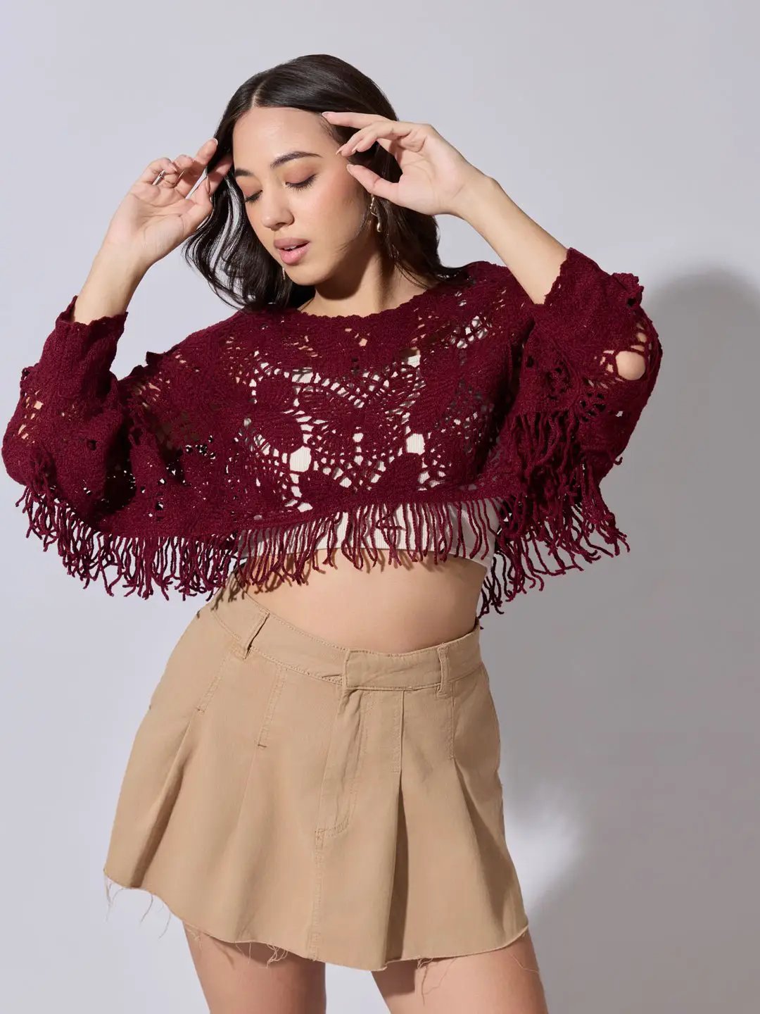 Women's Maroon Crochet Crop Top with Fringe Hem - from SHOWOFFFF