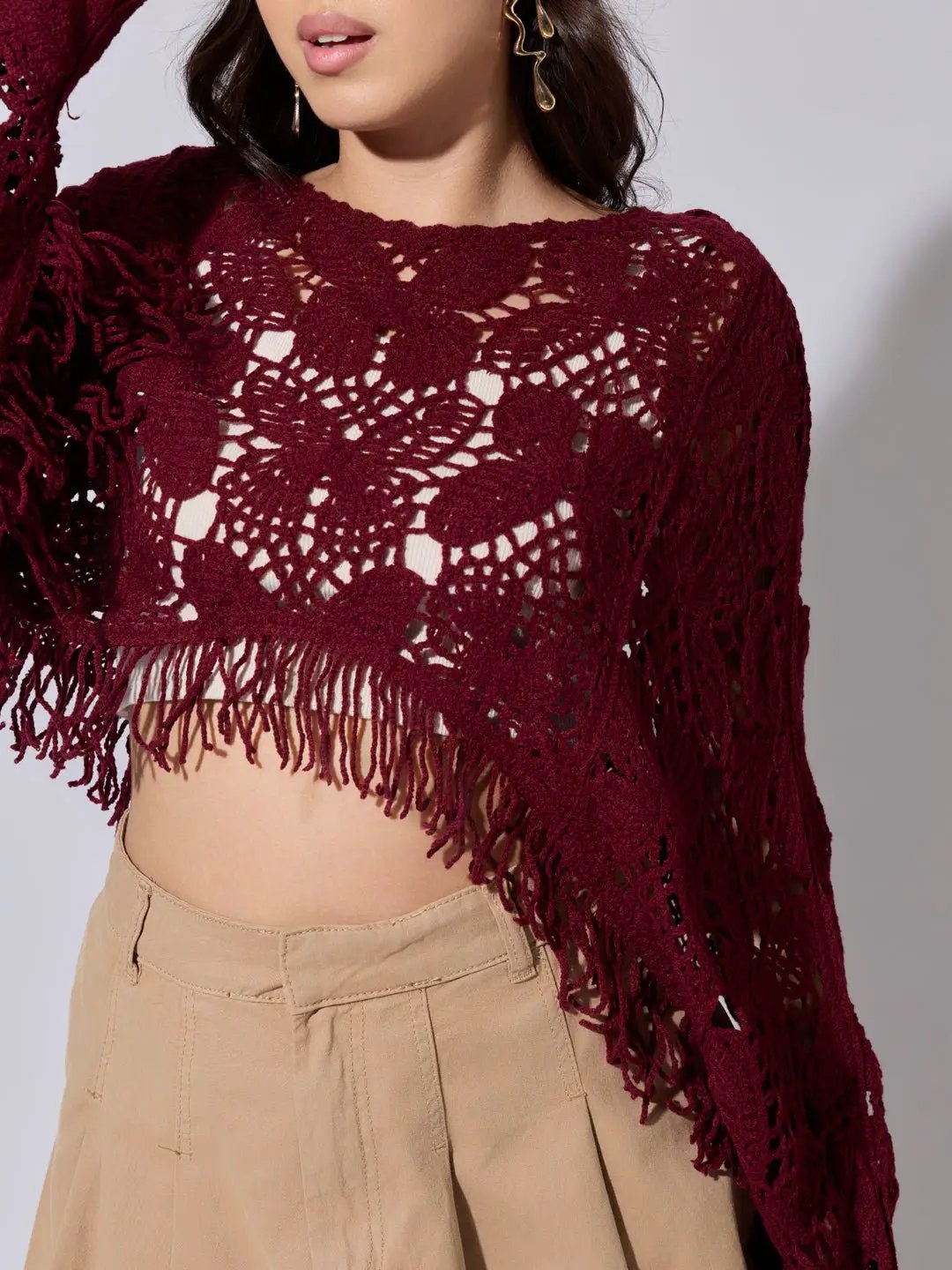 Women's Maroon Crochet Crop Top with Fringe Hem - from SHOWOFFFF
