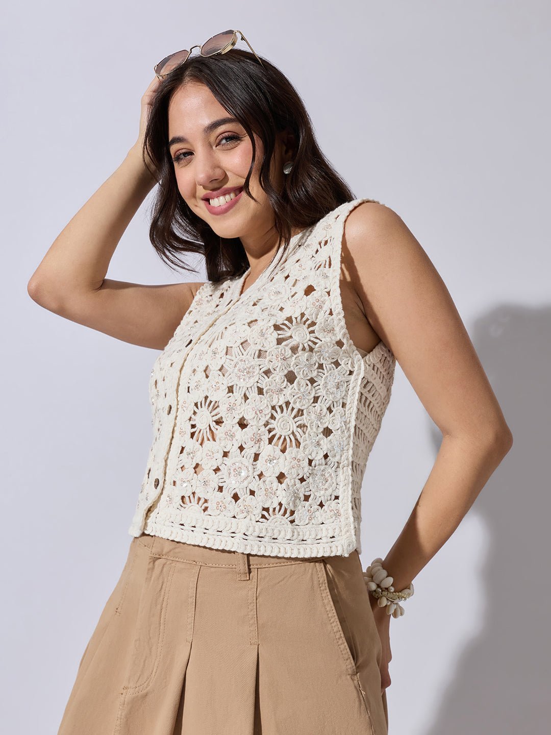 Women's Textured Cream Crochet Sleeveless Vest Top