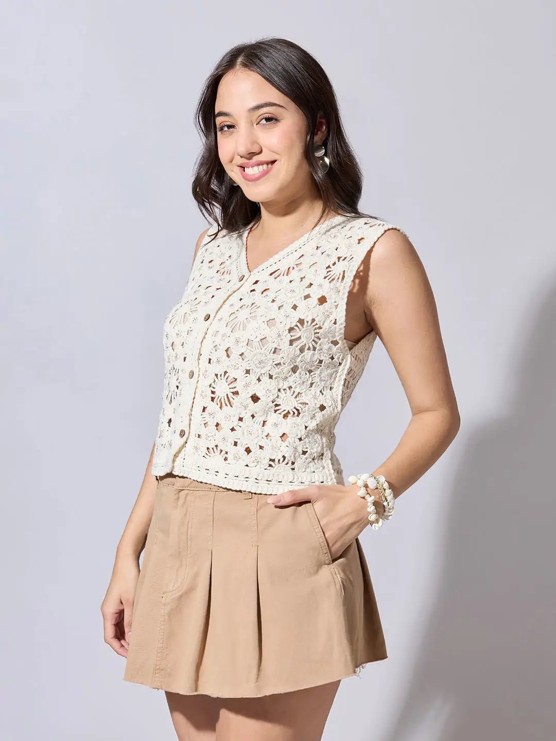 Women's Textured Cream Crochet Sleeveless Vest Top - from SHOWOFFFF