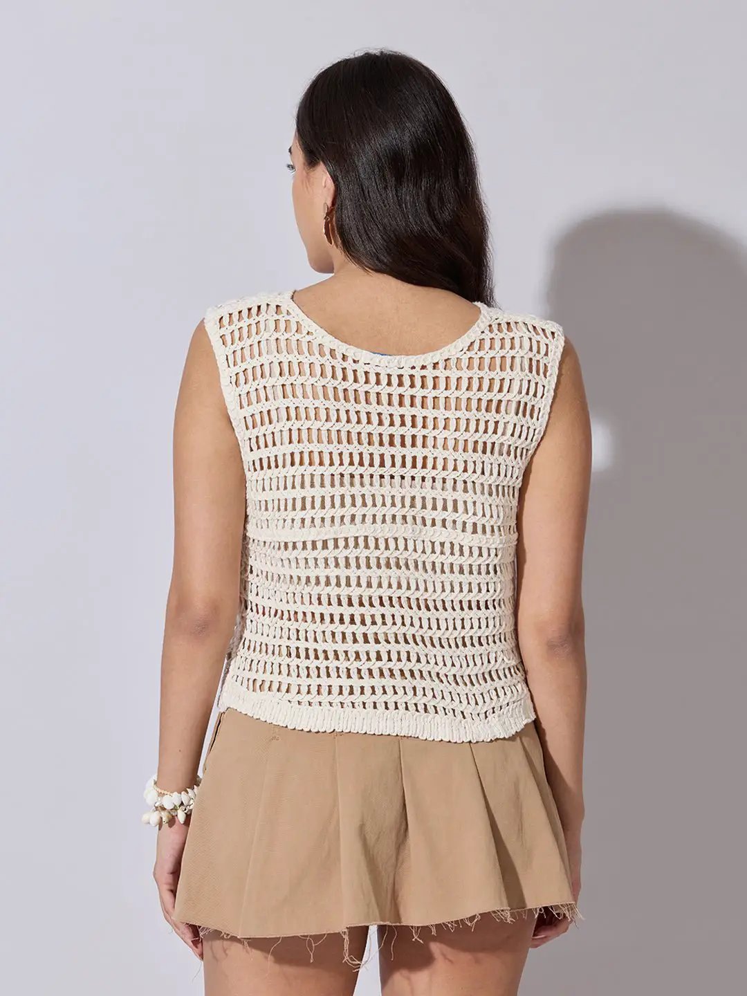 Women's Textured Cream Crochet Sleeveless Vest Top - from SHOWOFFFF