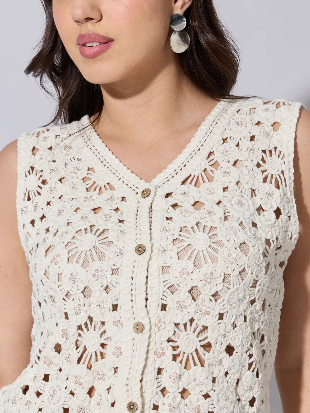 Women's Textured Cream Crochet Sleeveless Vest Top - from SHOWOFFFF