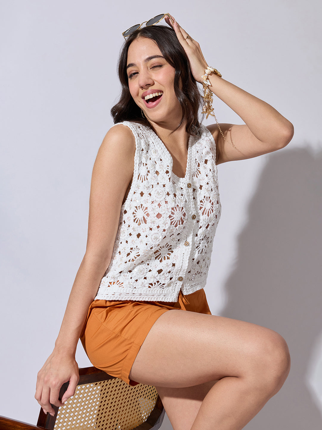 Women's Textured White Crochet Sleeveless Vest Top