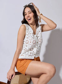 Women's Textured White Crochet Sleeveless Vest Top