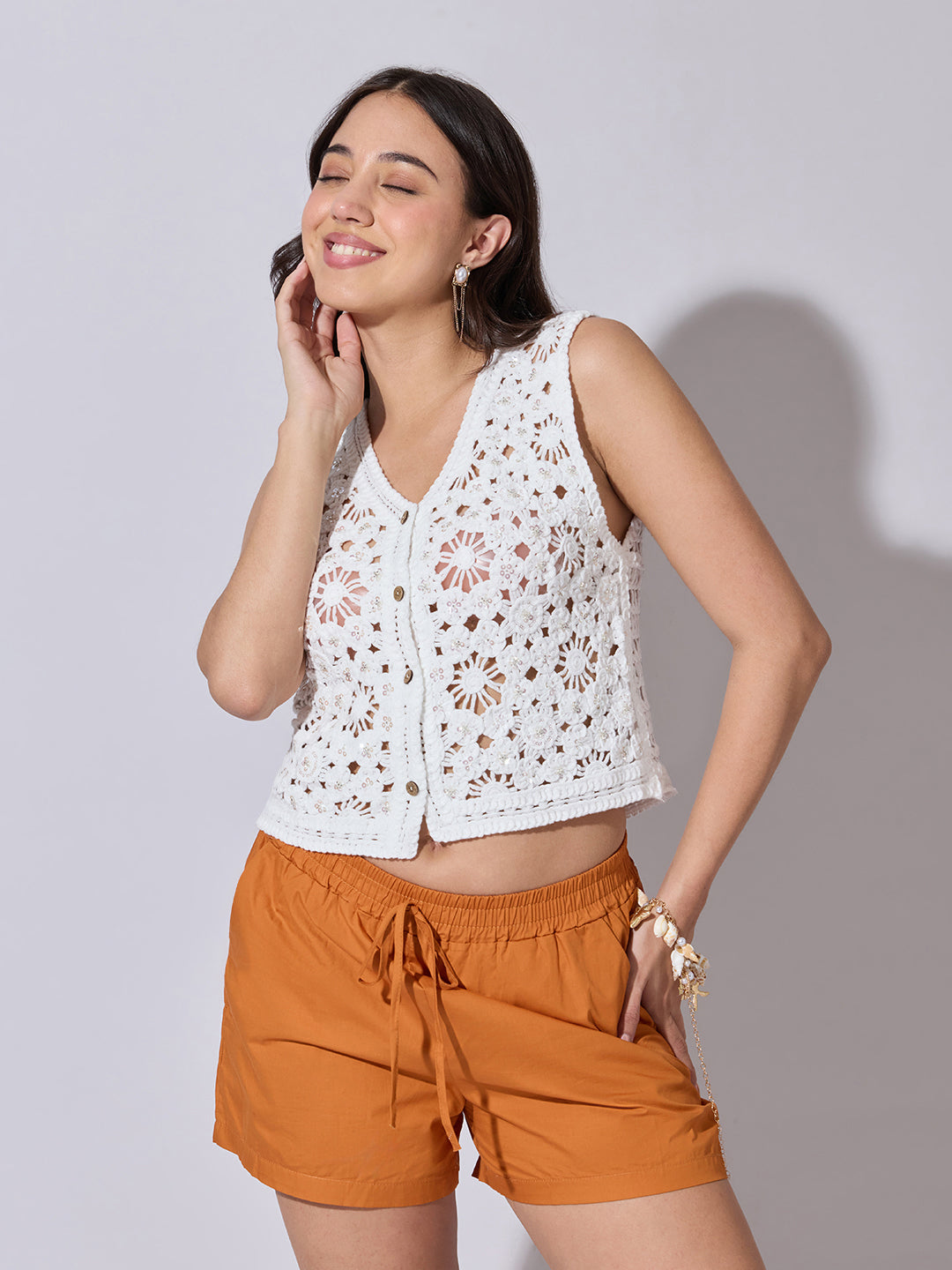 Women's Textured White Crochet Sleeveless Vest Top