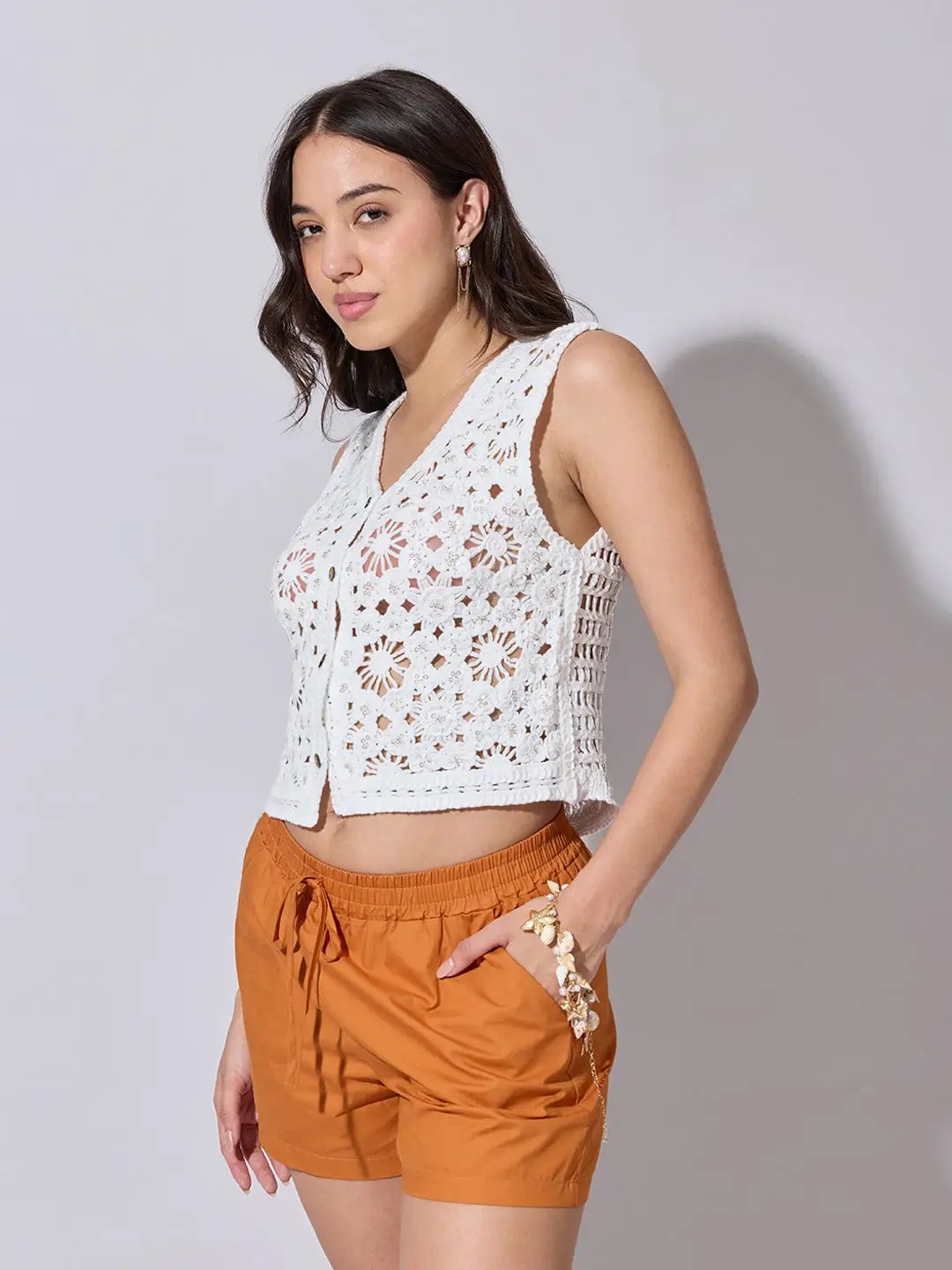Women's Textured White Crochet Sleeveless Vest Top